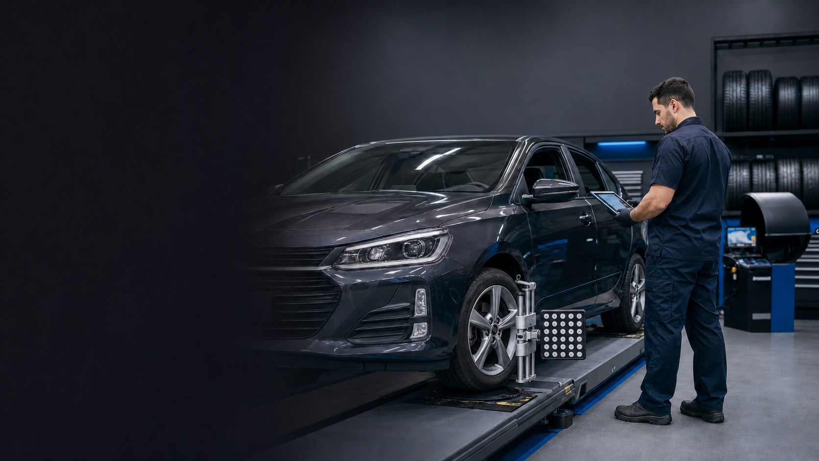 Técnico realizando alinhamento de rodas em um carro