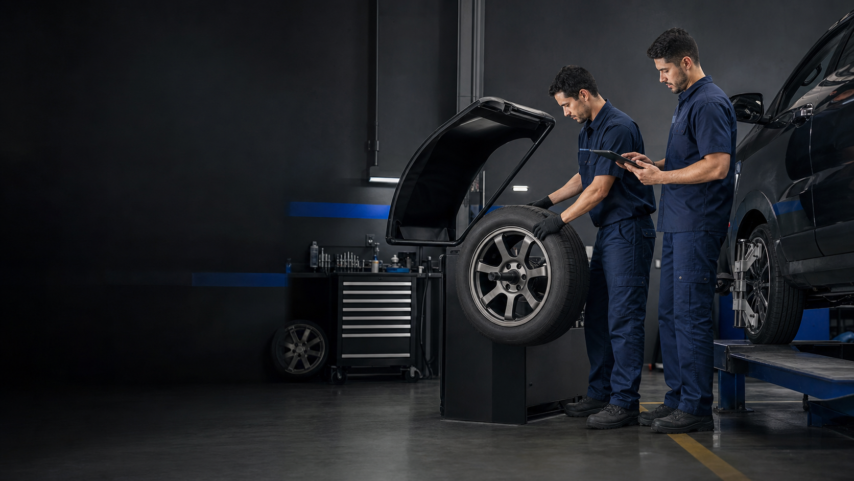 Técnicos realizando balanceamento de roda em oficina automotiva