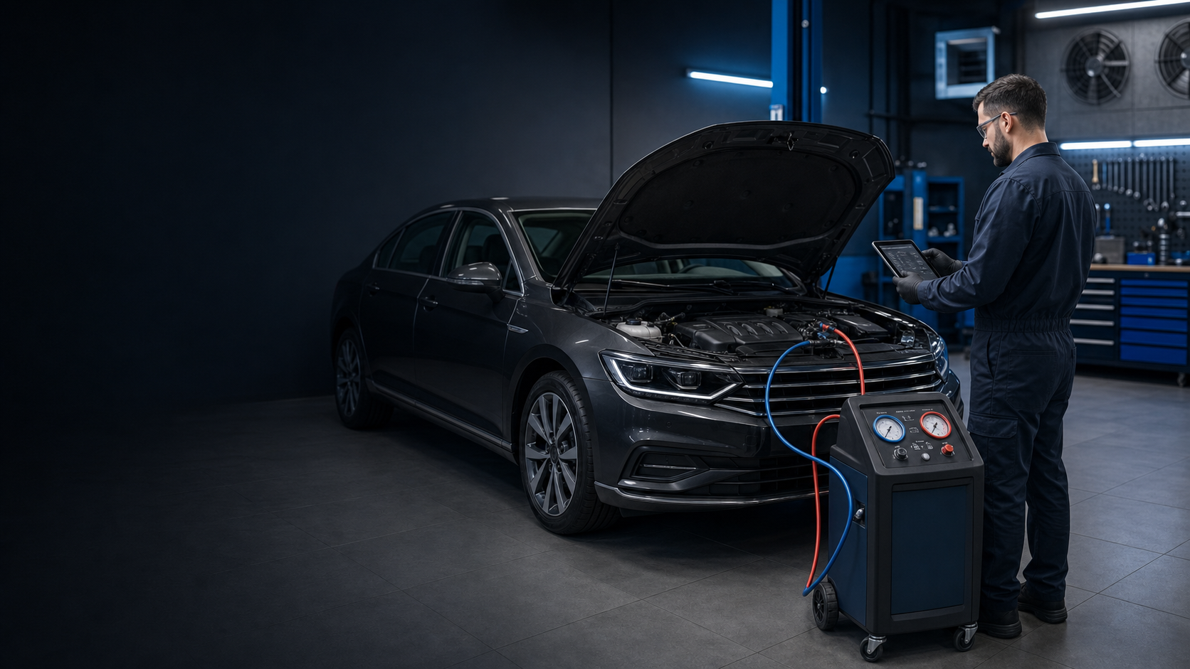 Técnico realizando manutenção no sistema de ar-condicionado de um carro
