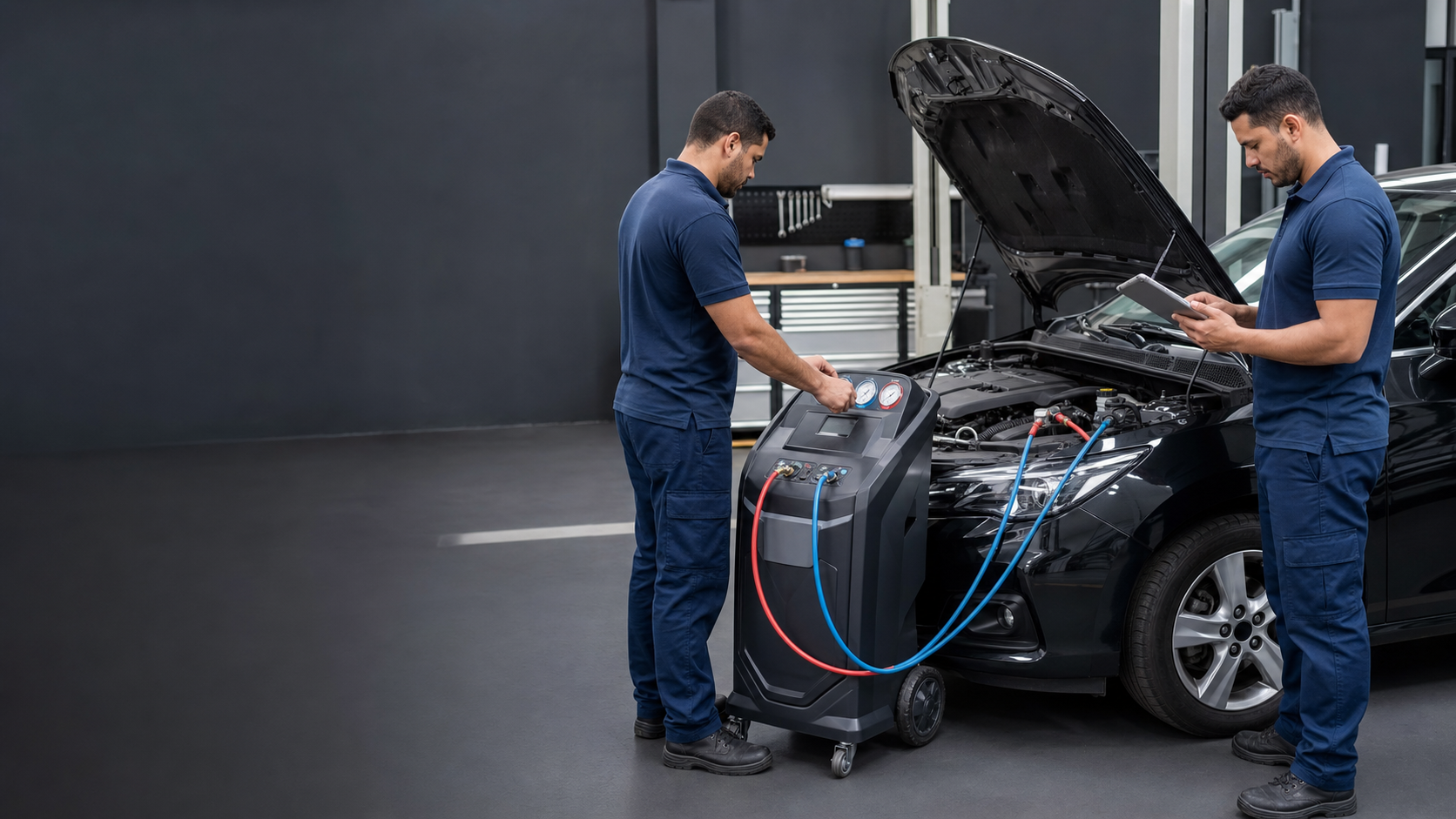 Técnicos realizando manutenção no ar-condicionado de um carro