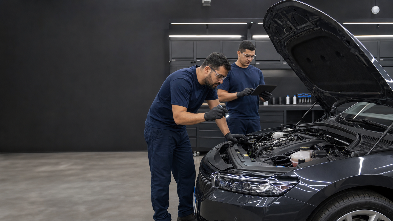 Equipe realizando inspeção multiponto em um carro no auto center
