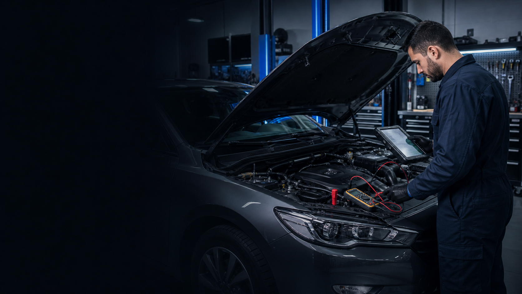 Profissional realizando diagnóstico elétrico no motor de um carro