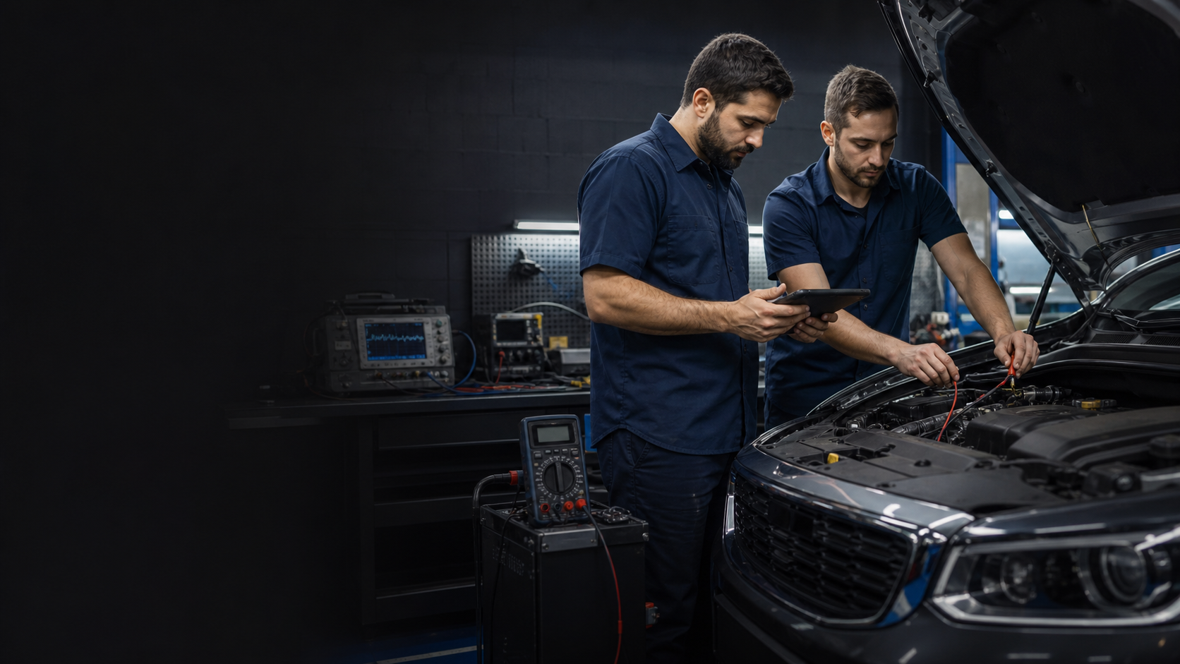 Técnicos realizando diagnóstico elétrico em um carro
