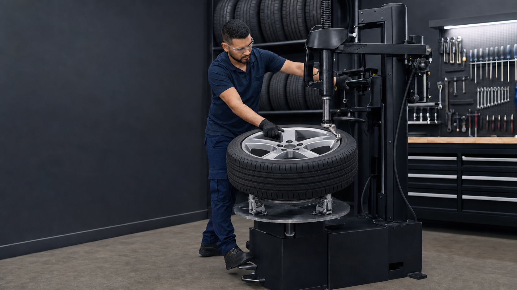 Técnico operando máquina montadora e desmontadora de pneus