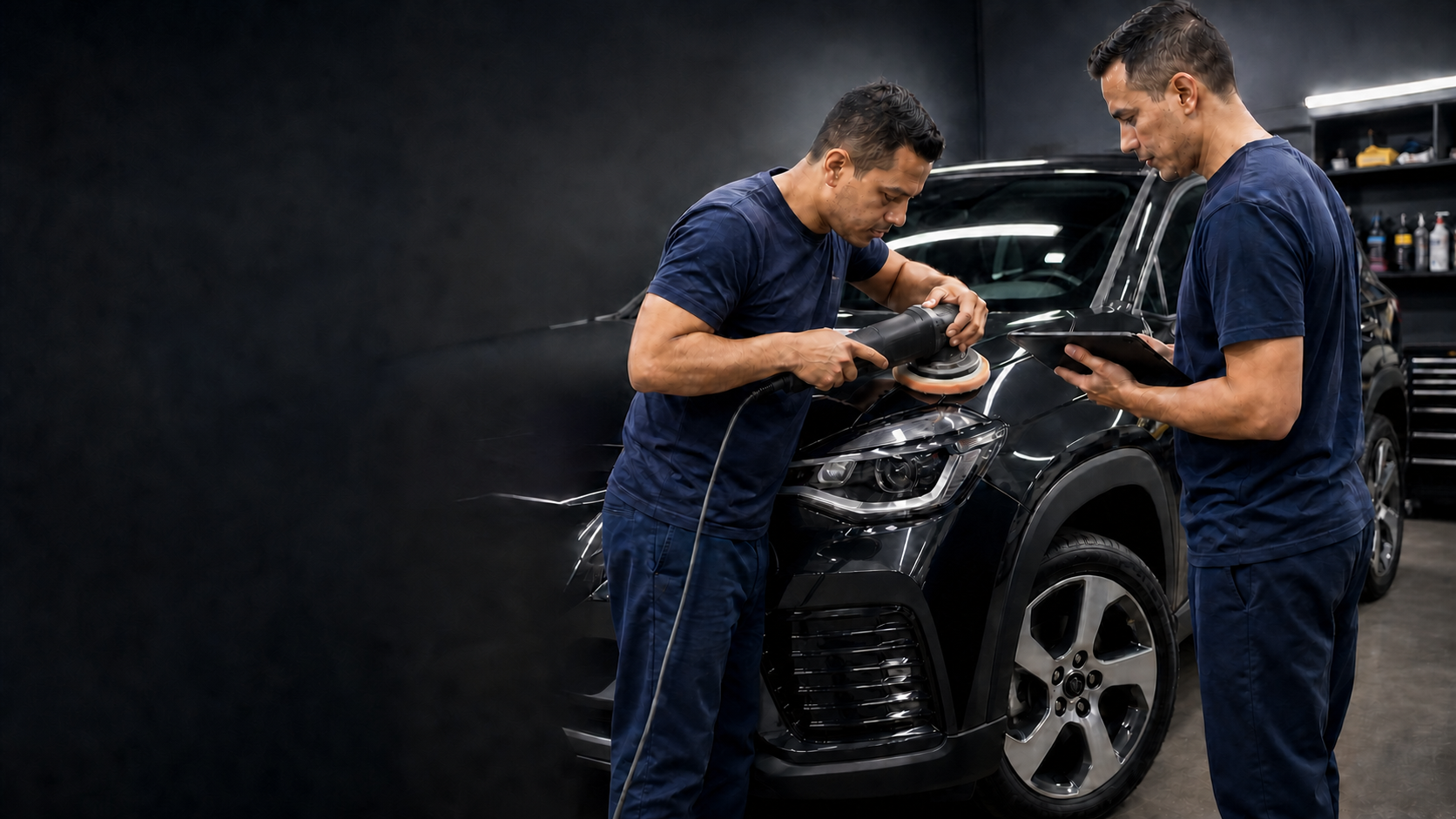 Equipe realizando polimento e detalhamento em um carro