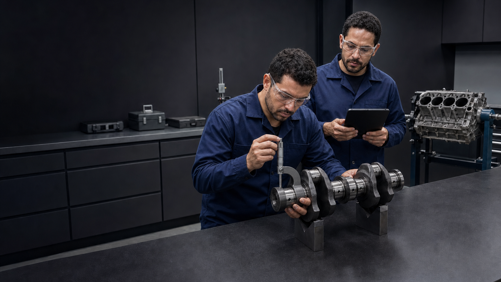 Equipe medindo componentes durante a retífica de um motor