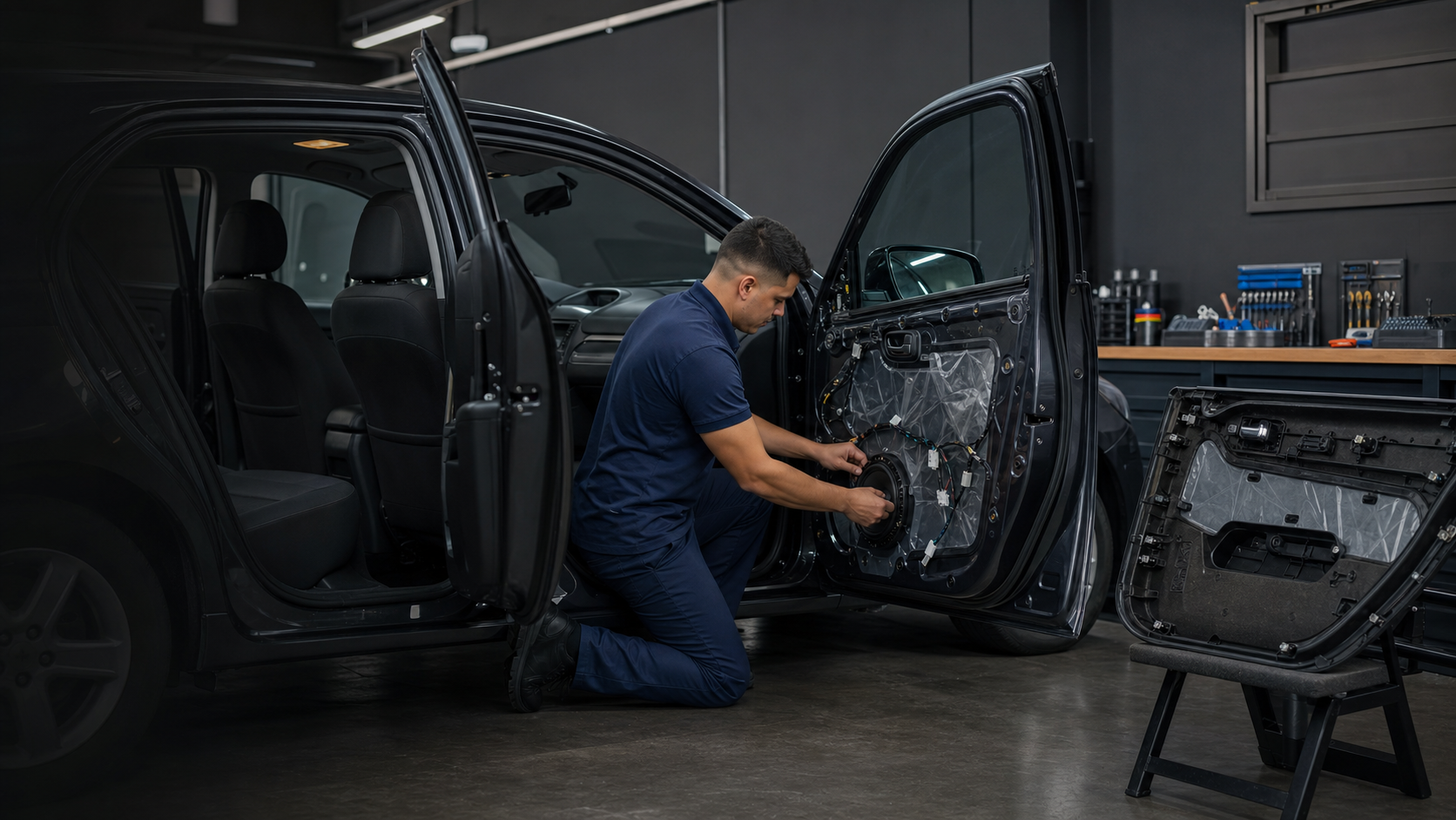 Técnico instalando alto-falante em porta de carro sem o forro interno