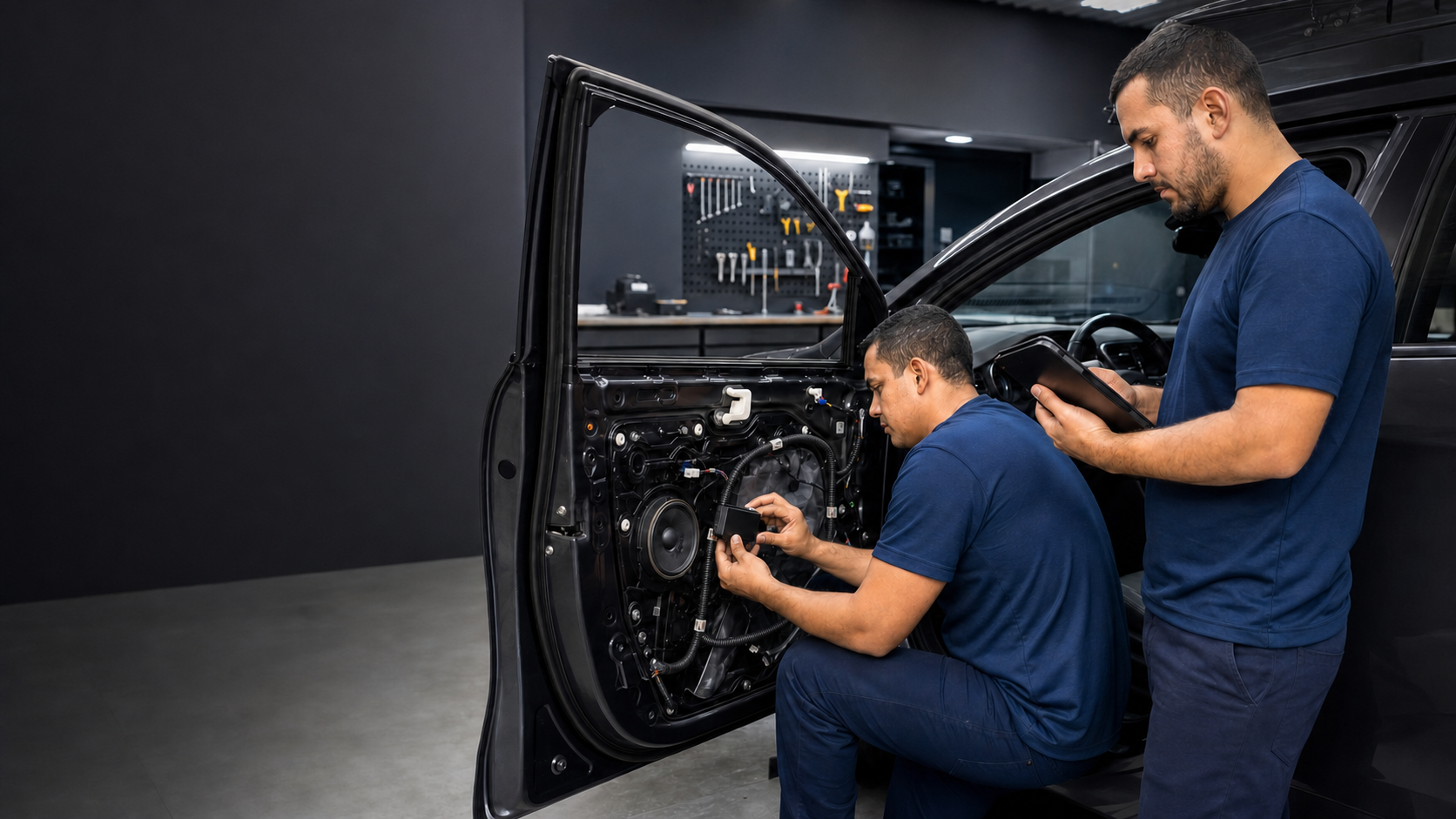 Equipe instalando e testando equipamentos de som e alarme em um carro